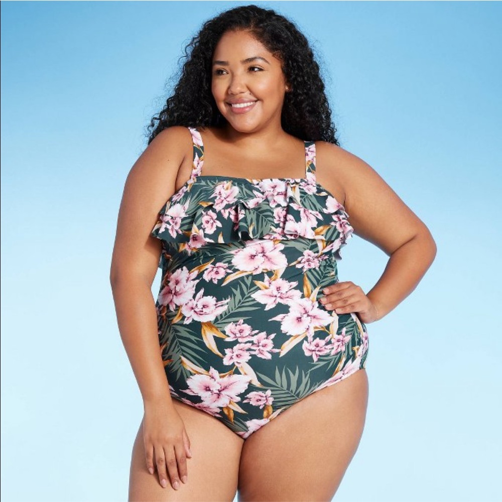 Plus size bandeau flounce one piece swimsuit